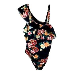 Black Floral Top One Shoulder Ruffle One Piece Swimsuit Plus 3X - Boutique